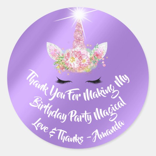 Eenhoorn Verjaardagsgunst Roze Vonk Goud Bloemen L Ronde Sticker (Voorkant)
