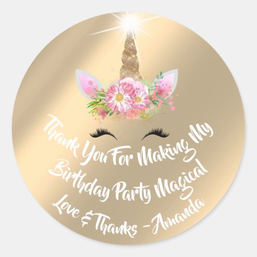 Eenhoorn Verjaardagsgunst Roze Vonk Goud Bloemen L Ronde Sticker (Voorkant)
