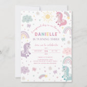 Eenhoorn Verjaardagsuitnodiging Drie. Pastelkleuri Kaart (Voorkant)
