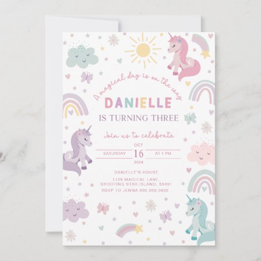 Eenhoorn Verjaardagsuitnodiging Drie. Pastelkleuri Kaart (Voorkant)