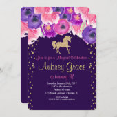 Eenhoorn verjaardagsuitnodiging, roze paarse goude kaart (Voorkant / Achterkant)