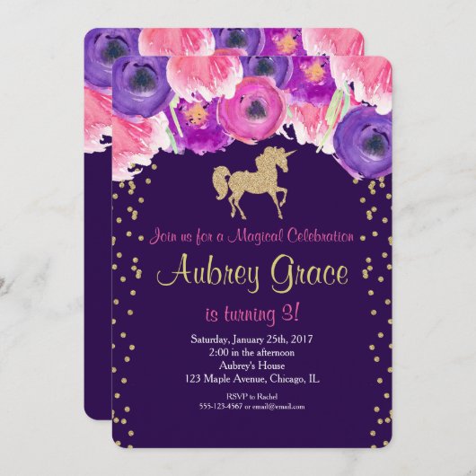 Eenhoorn verjaardagsuitnodiging, roze paarse goude kaart (Voorkant / Achterkant)