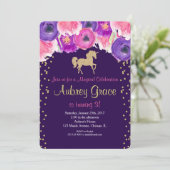 Eenhoorn verjaardagsuitnodiging, roze paarse goude kaart (Staand voorkant)