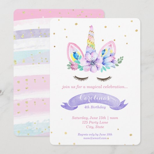 Eenhoorn Verjaardagsuitnodiging - Waterverf Kaart (Voorkant / Achterkant)