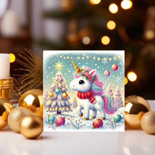 Eenhoorn versiert een kerstboom feestdagenkaart