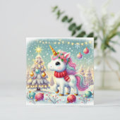 Eenhoorn versiert een kerstboom feestdagenkaart (Staand voorkant)