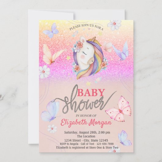 Eenhoorn Vlinders Glitter Baby shower Kaart (Voorkant)