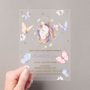 Eenhoorn Vlinders Glitter Paars Baby Shower Acryl Uitnodigingen