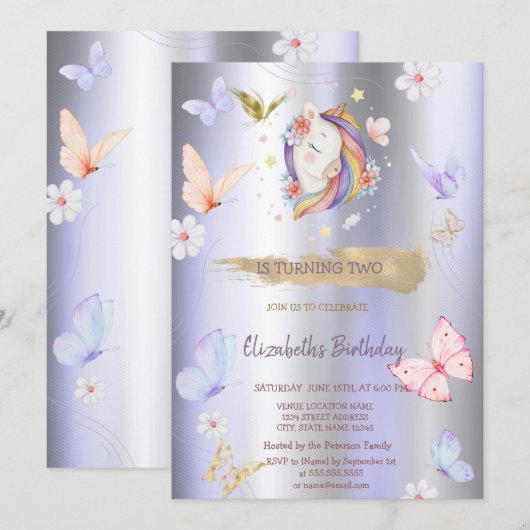 Eenhoorn Vlinders Violet Metallic Verjaardag Kaart (Voorkant / Achterkant)
