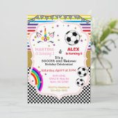 Eenhoorn & voetbal broer en zus verjaardag uitnodi kaart (Staand voorkant)