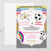 Eenhoorn & voetbal broer en zus verjaardag uitnodi kaart (Voorkant / Achterkant)