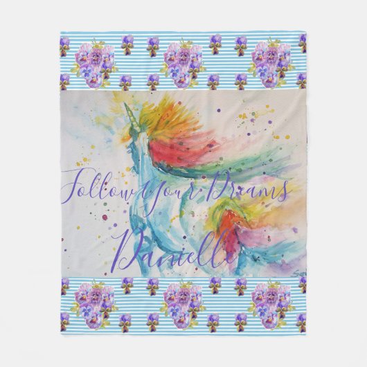 Eenhoorn Waterverf Bloemen Meisjes Naam Deken (Voorkant)