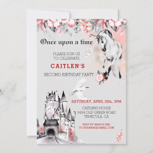 Eenhoorn Waterverf FairyTale Castle Red Rose Kaart (Voorkant)