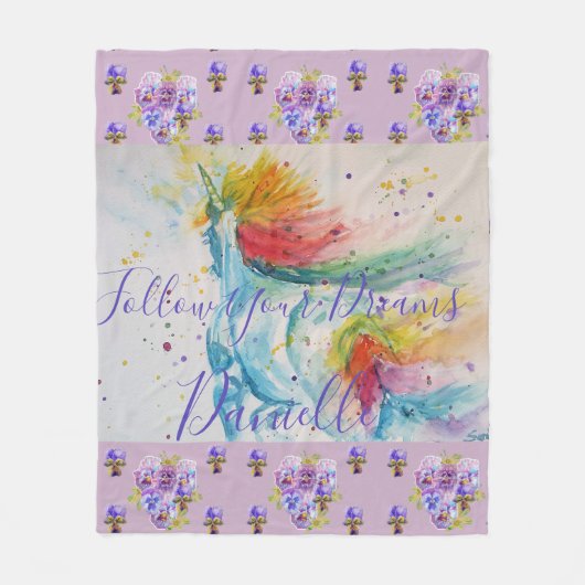 Eenhoorn Waterverf Lila Bloemen Meisjes Naam Deken (Voorkant)