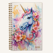 Eenhoorn Waterverf Splash Flowers Gepersonaliseerd Notitieboek (Voorkant)