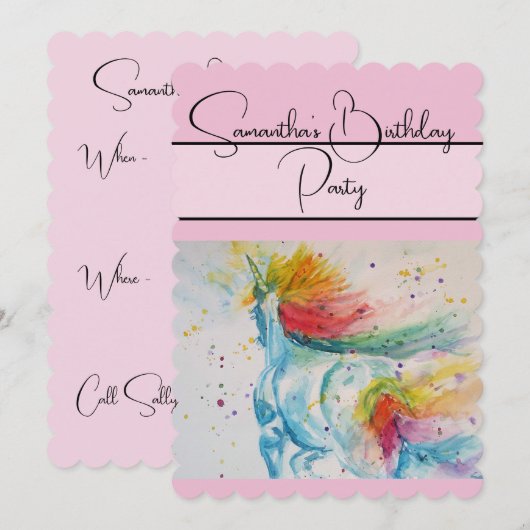 Eenhoorn Waterverf Verjaardagsfeestje Uitnodiging (Voorkant / Achterkant)