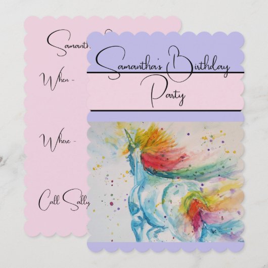 Eenhoorn Waterverf Verjaardagsfeestje Uitnodiging (Voorkant / Achterkant)