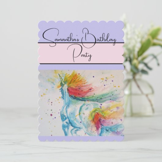 Eenhoorn Waterverf Verjaardagsfeestje Uitnodiging (Staand voorkant)