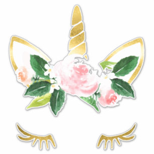 Eenhoorn Wimpers zacht roze Rozen gouden hoorn Sticker