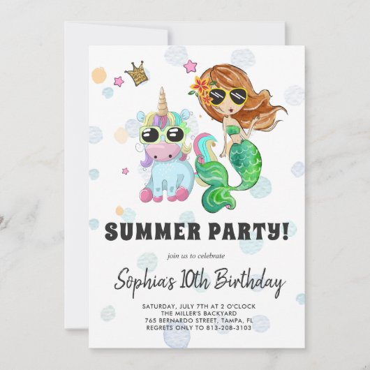 Eenhoorn & Zeemeermin Pool Party Uitnodiging (Voorkant)