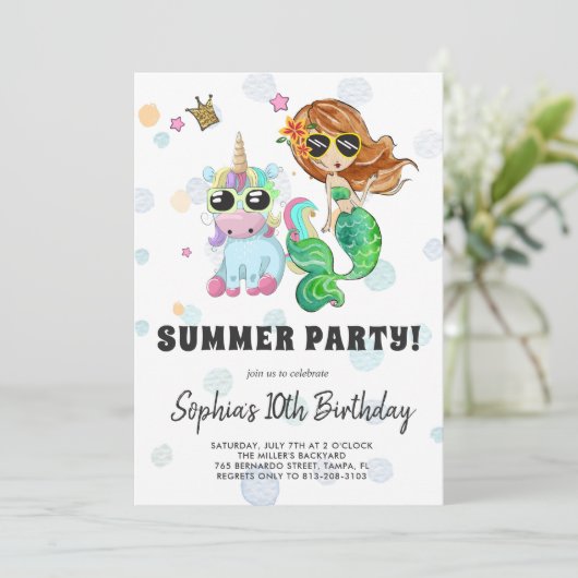 Eenhoorn & Zeemeermin Pool Party Uitnodiging (Staand voorkant)