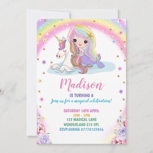 Eenhoorn Zeemeermin Verjaardag Uitnodiging (Voorkant)