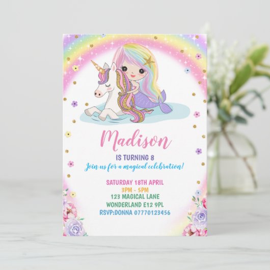 Eenhoorn Zeemeermin Verjaardag Uitnodiging (Staand voorkant)