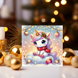 Eenhoorn zittend op een wolk met kerstornament feestdagenkaart