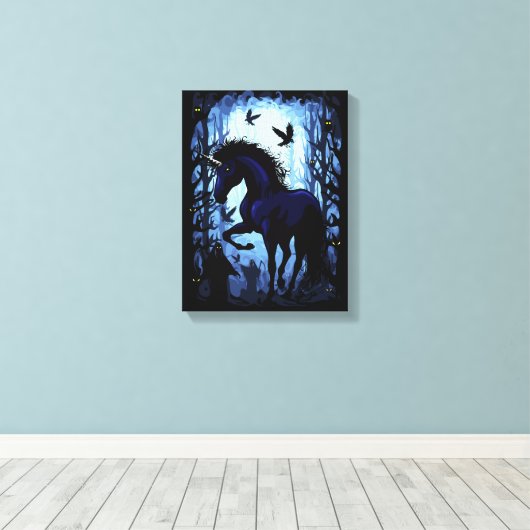 Eenhoorn zwart magische fee in donker bos canvas afdruk (Insitu (Houten vloer))