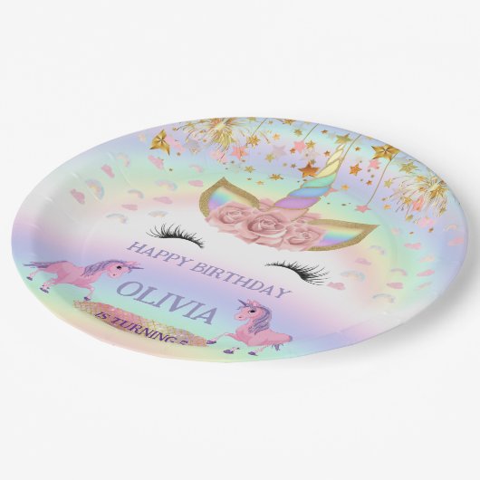 Eenhoornfeest Regenboog 1e verjaardag grillig meis Papieren Bordje (Gekanteld)