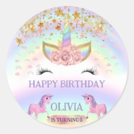 Eenhoornfeest Regenboog 1e verjaardag grillig meis Ronde Sticker