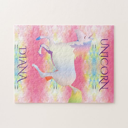 Eenhoornpuzzel voor regenboog. Persoonlijke naam. Legpuzzel (Horizontaal)