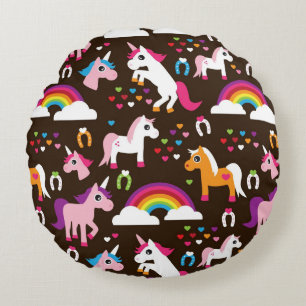 eenhoornregenboogpaard met kinder achtergrond rond kussen