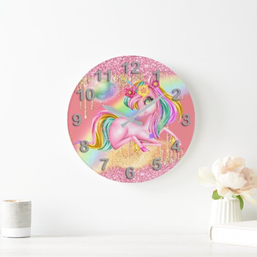  eenhoornroze goudhoudende regenboogfantasie grote klok (Huis)