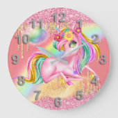  eenhoornroze goudhoudende regenboogfantasie grote klok (Voorkant)
