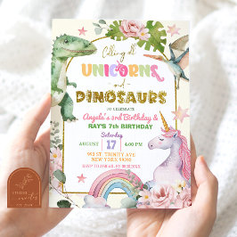 Eenhoorns en dinosauriërs gezamenlijke verjaardag  kaart