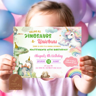 Eenhoorns en dinosaurus gezamenlijke verjaardag kaart