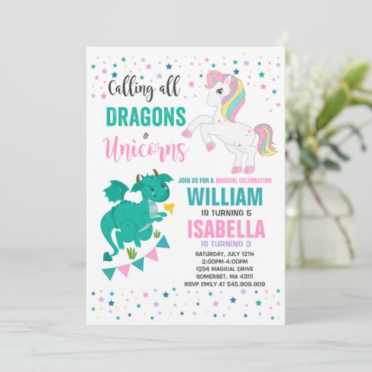 Eenhoorns en draken verjaardagsuitnodiging magisch kaart (Staand voorkant)