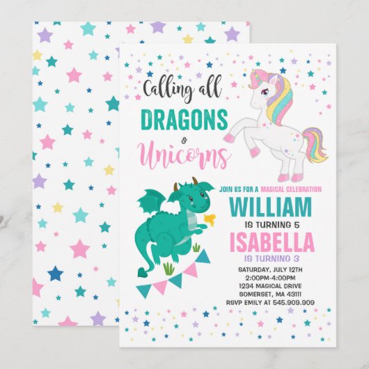 Eenhoorns en draken verjaardagsuitnodiging magisch kaart (Voorkant / Achterkant)
