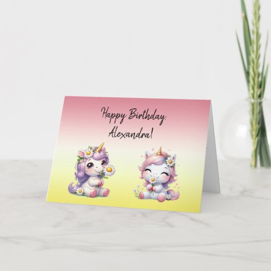 Eenhoorns en madeliefjes, "Gelukkige verjaardag" Kaart (Voorkant)