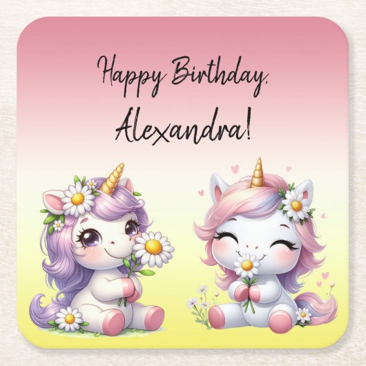 Eenhoorns en madeliefjes, "Gelukkige Verjaardag" Kartonnen Onderzetters (Voorkant)