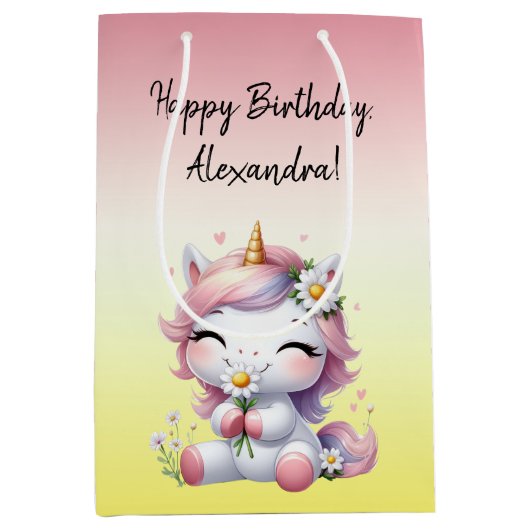 Eenhoorns en madeliefjes, "Gelukkige Verjaardag" Medium Cadeauzakje (Voorkant)