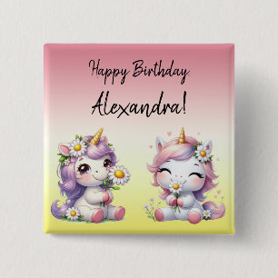 Eenhoorns en madeliefjes, "Happy Birthday" feest Vierkante Button 5,1 Cm