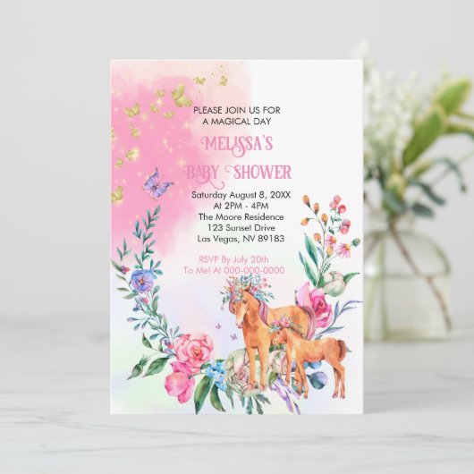 Eenhoorns en vlinders baby shower uitnodiging (Staand voorkant)