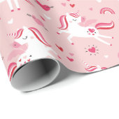 Eenhoorns met regenbogen en harten, roze cadeaupapier (Rol Hoek)