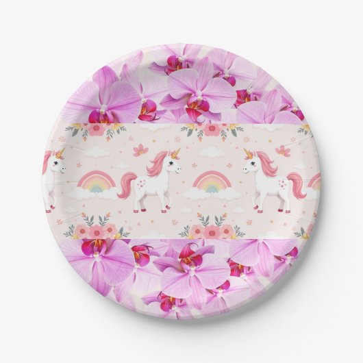 Eenhoorns & orchideeën, regenbogen, bloemen, feest papieren bordje (Voorkant)