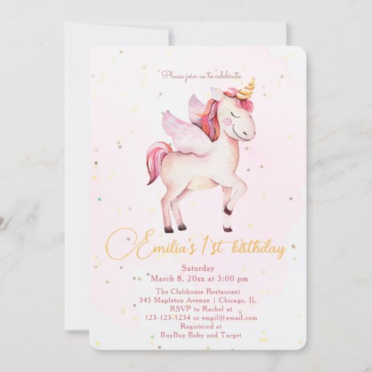 Eenhoorns Pegasus Waterverf Roze Verjaardagsmeisje Kaart (Voorkant)