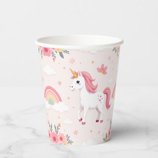 Eenhoorns, regenbogen, bloemen, Schattigee partij Papieren Bekers (Achterkant)