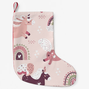 Eenhoorns regenbogen: pastel magische achtergrond. kleine kerstsok
