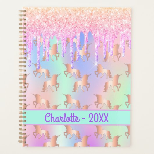 Eenhoorns roze druppels naam holografisch planner (Voorkant)